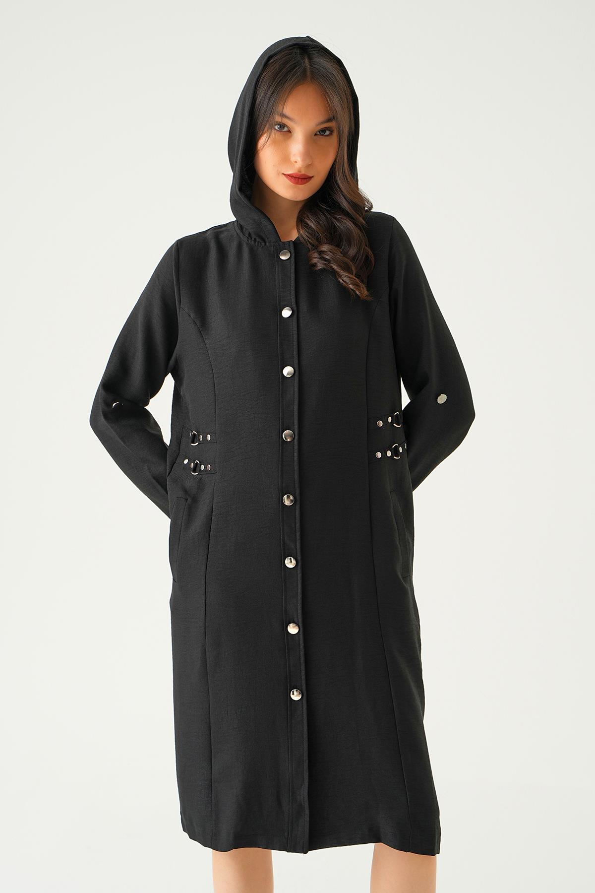 Siyah Zımba Detay Kapüşonlu Kap 4022A - 3