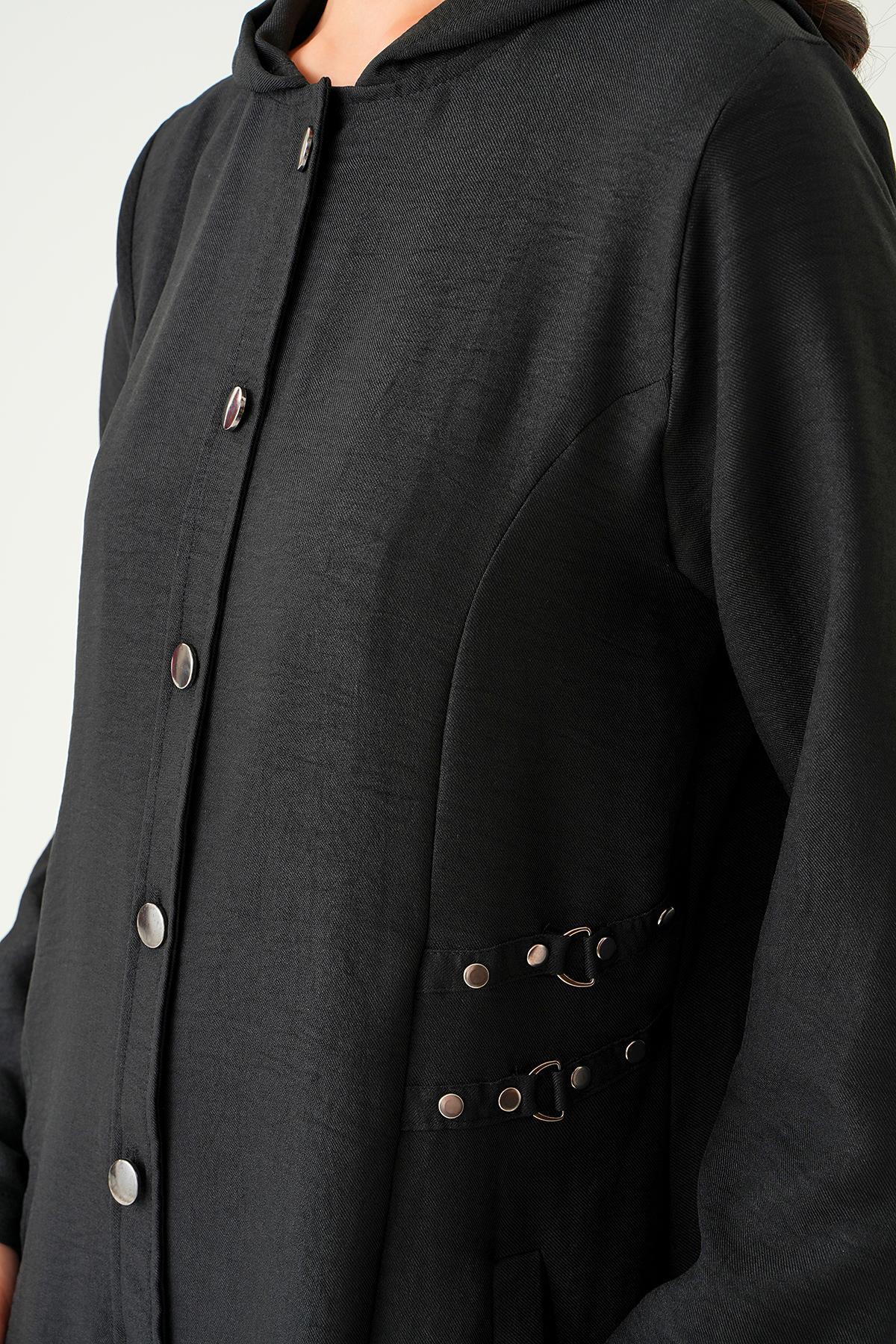 Siyah Zımba Detay Kapüşonlu Kap 4022A - 5