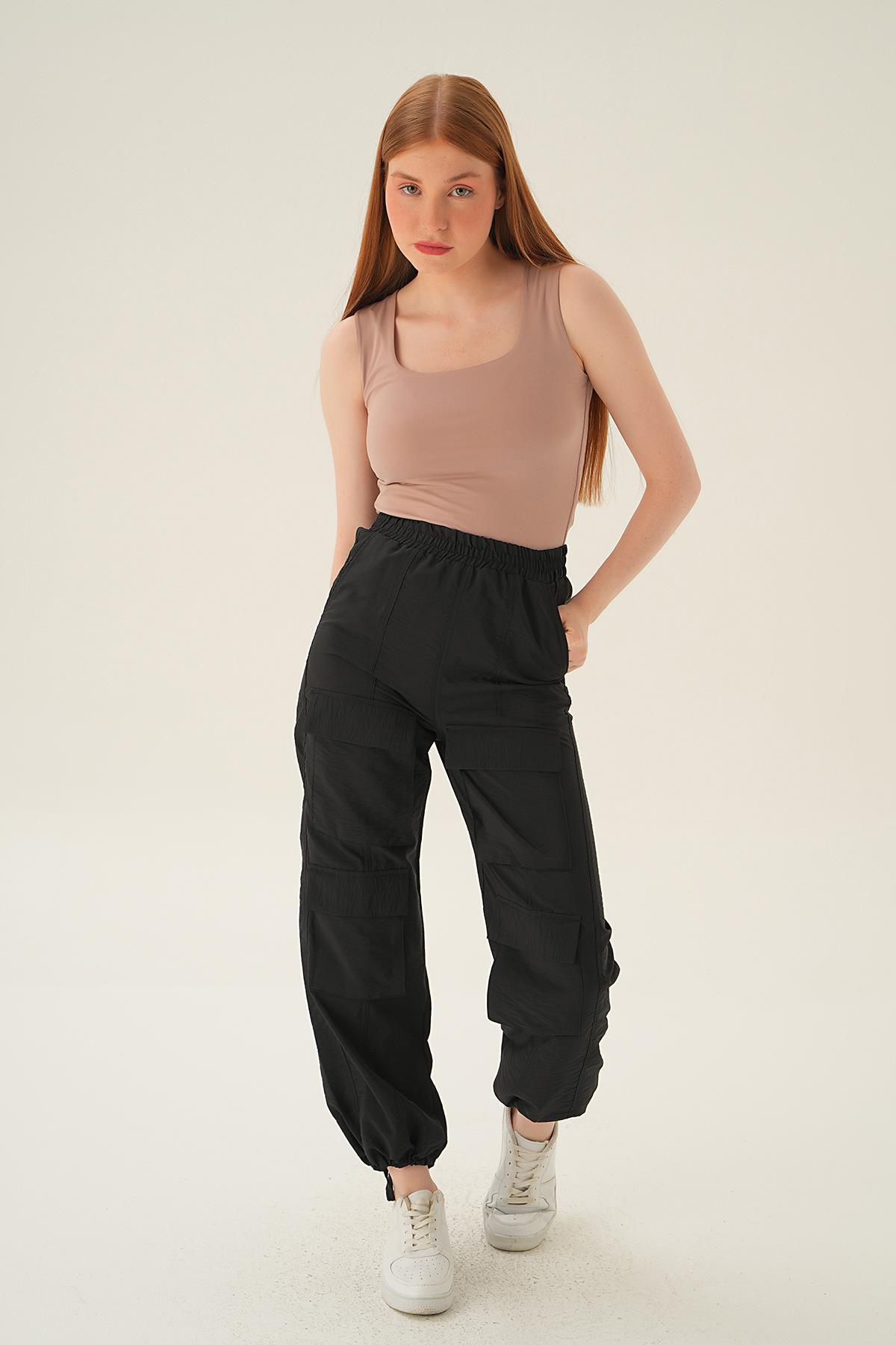 4024A Cep Detay Paraşüt Pantolon Siyah - 2