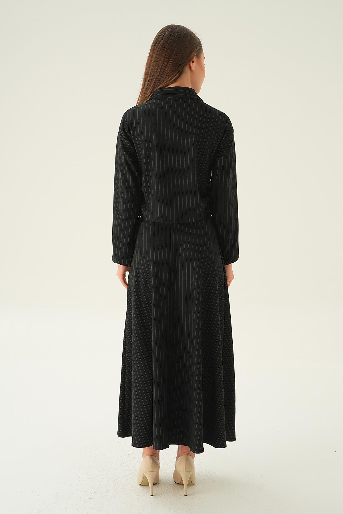 Siyah Yan Büzgülü Gömlek Etek Takım 4025A - 5