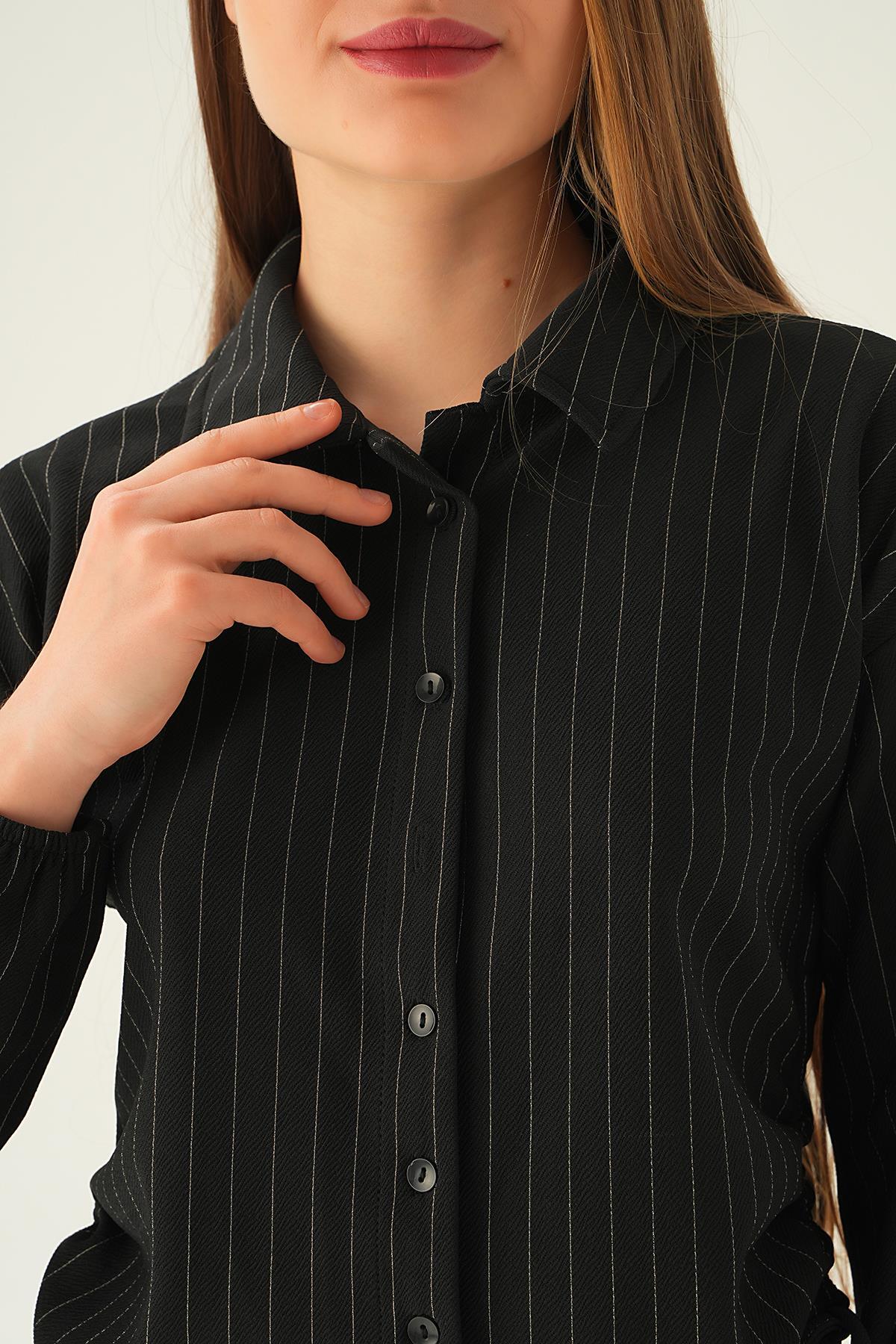 Siyah Yan Büzgülü Gömlek Etek Takım 4025A - 6