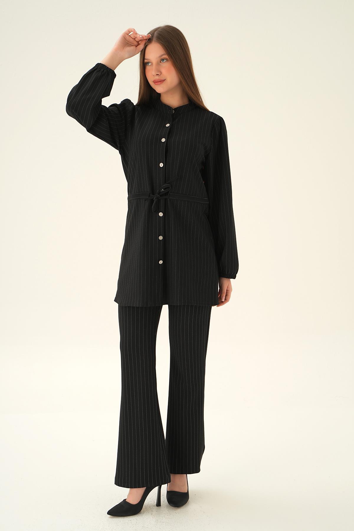 4030A Bağlama Detay Pantolon Takım Siyah 