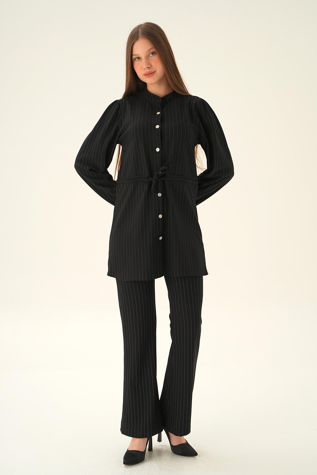 Siyah Bağlama Detay Pantolon Takım 4030A - 3