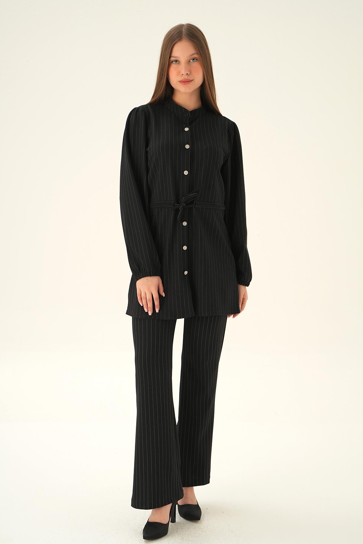 Siyah Bağlama Detay Pantolon Takım 4030A - 6