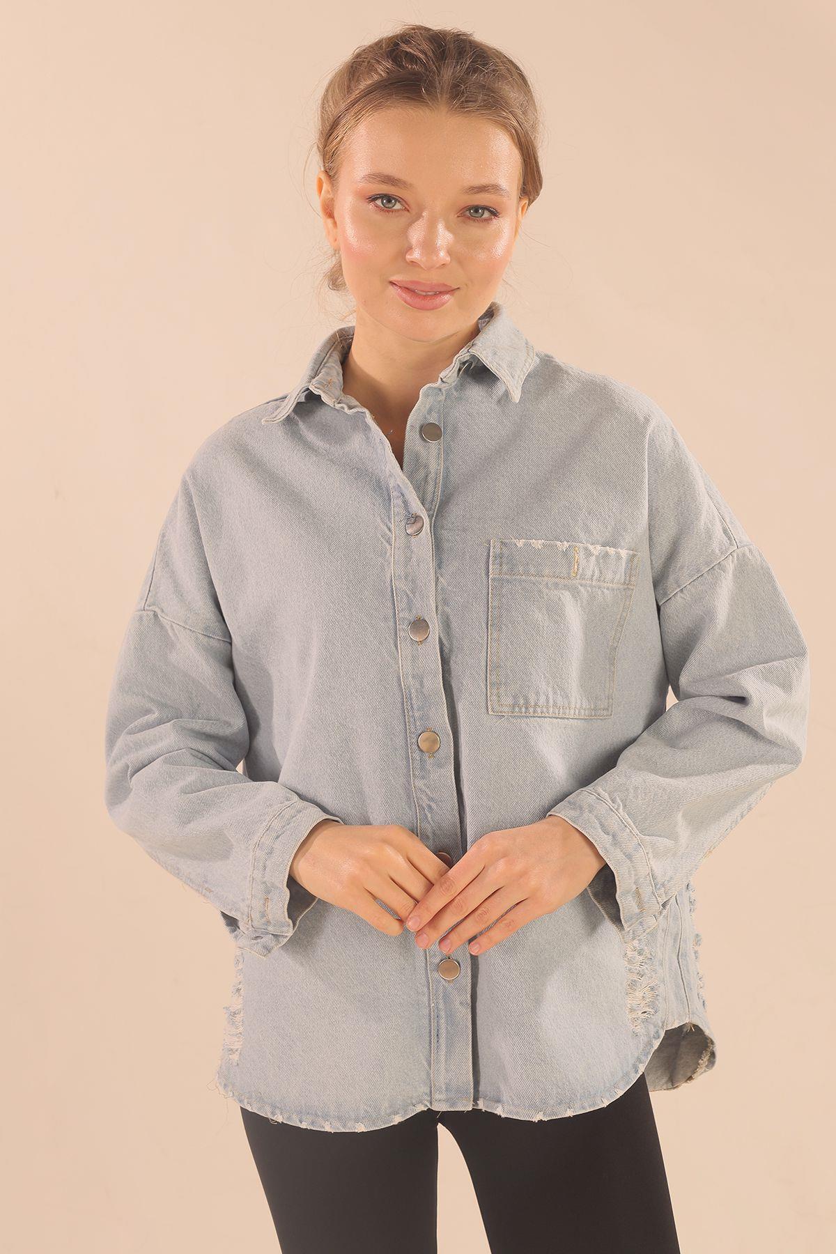 4031 Tek Cep Oversize Ceket Mavi 