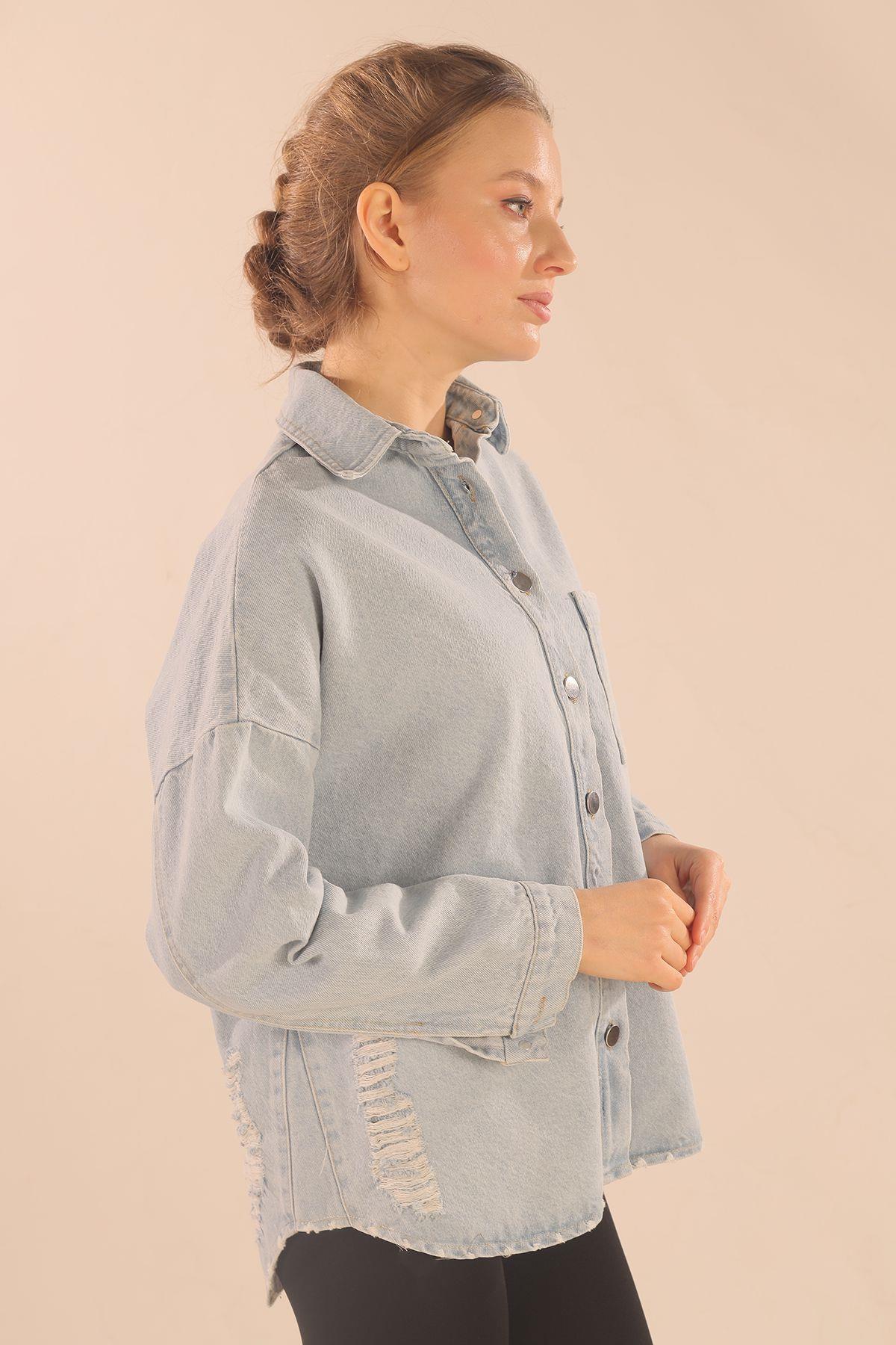 4031 Tek Cep Oversize Ceket Mavi - 3