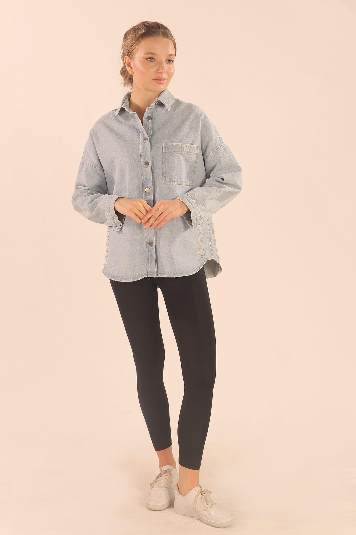 4031 Tek Cep Oversize Ceket Mavi - 5