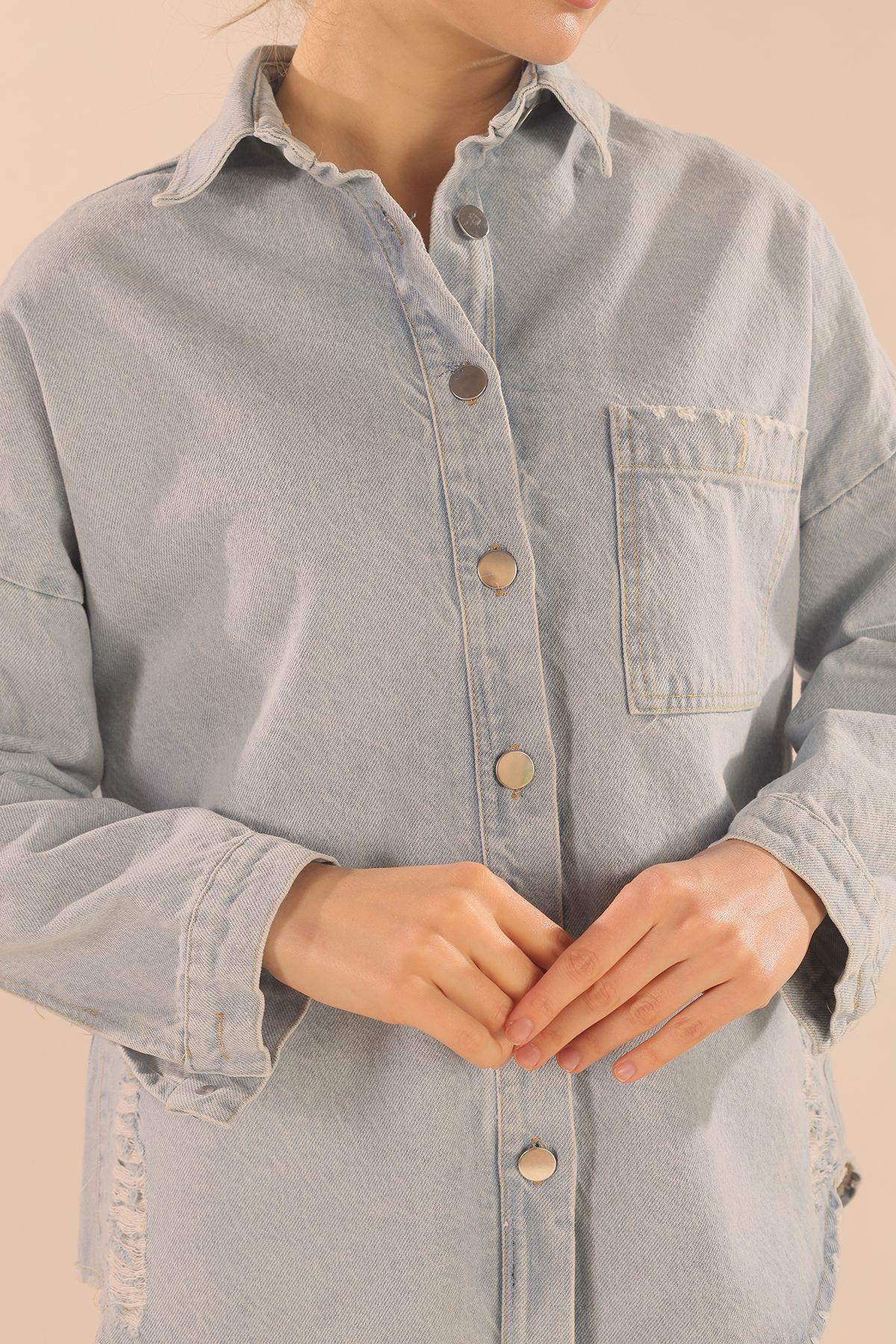 4031 Tek Cep Oversize Ceket Mavi - 2