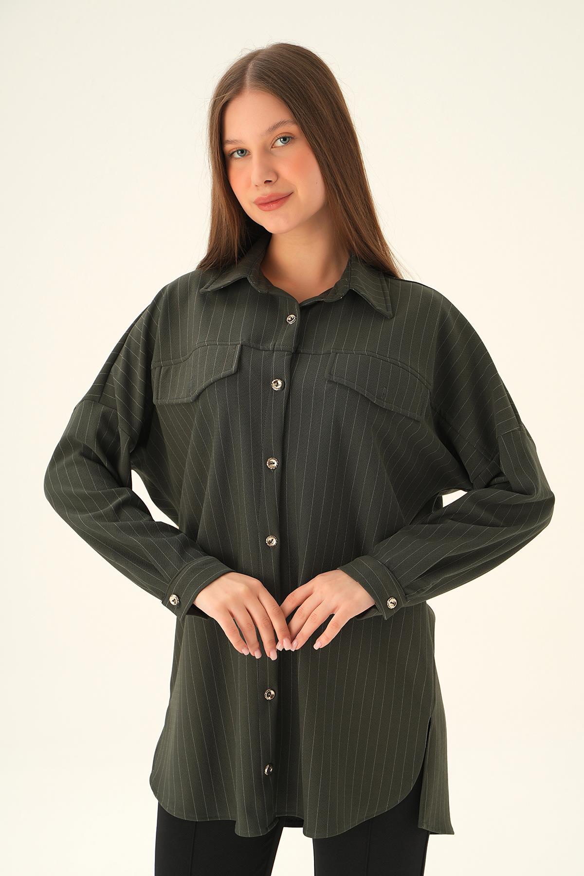 4036A Çift Cep Oversize Çizgili Gömlek Füme - 3