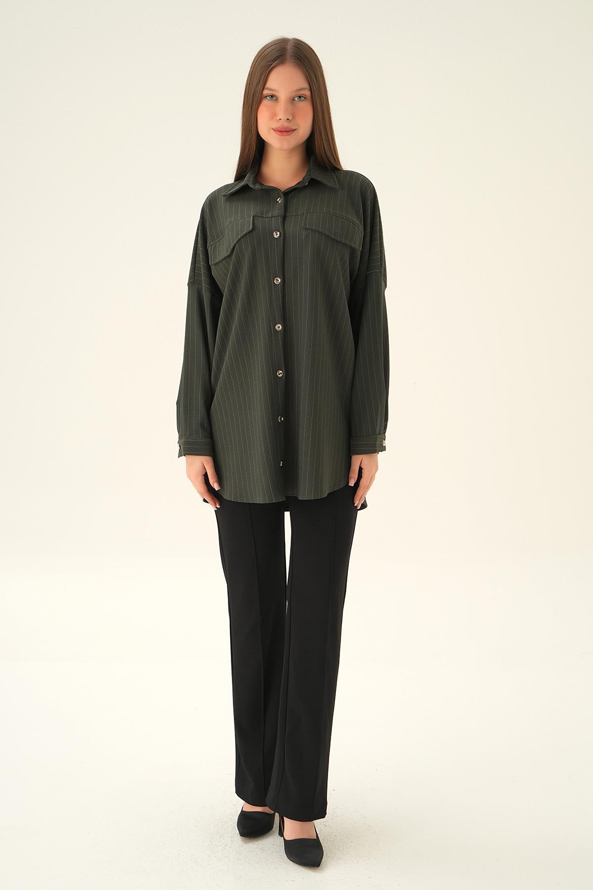 4036A Çift Cep Oversize Çizgili Gömlek Füme - 6