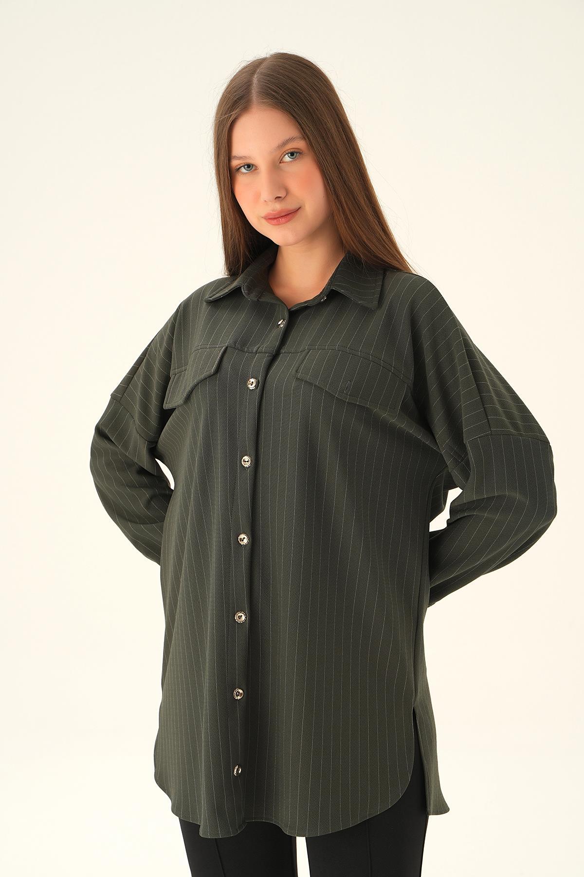 Füme Çift Cep Oversize Çizgili Gömlek 4036A - 2