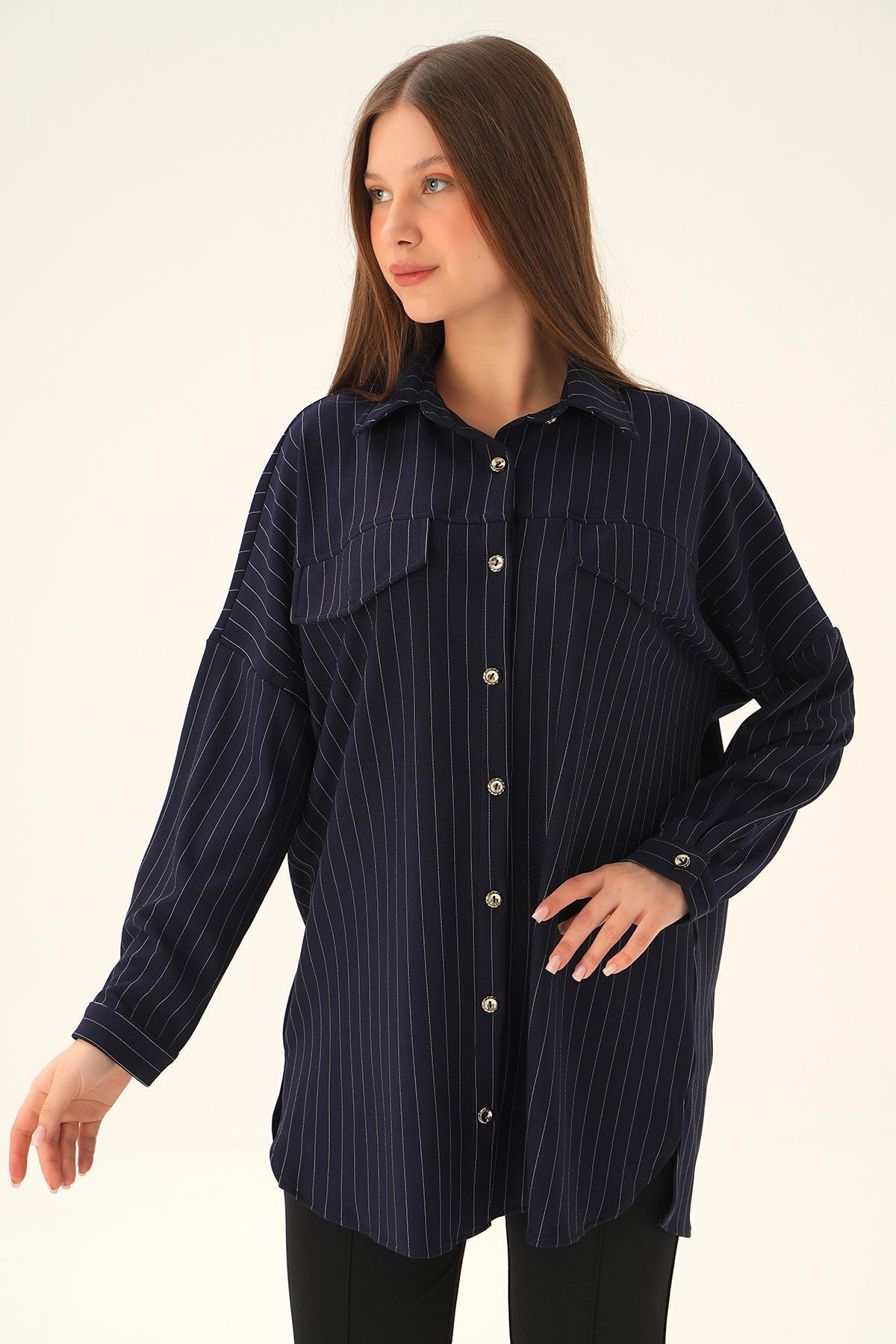4036A Çift Cep Oversize Çizgili Gömlek Laci - 3