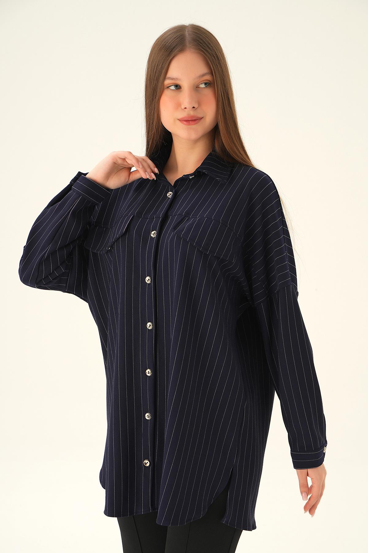 Laci Çift Cep Oversize Çizgili Gömlek 4036A - 1