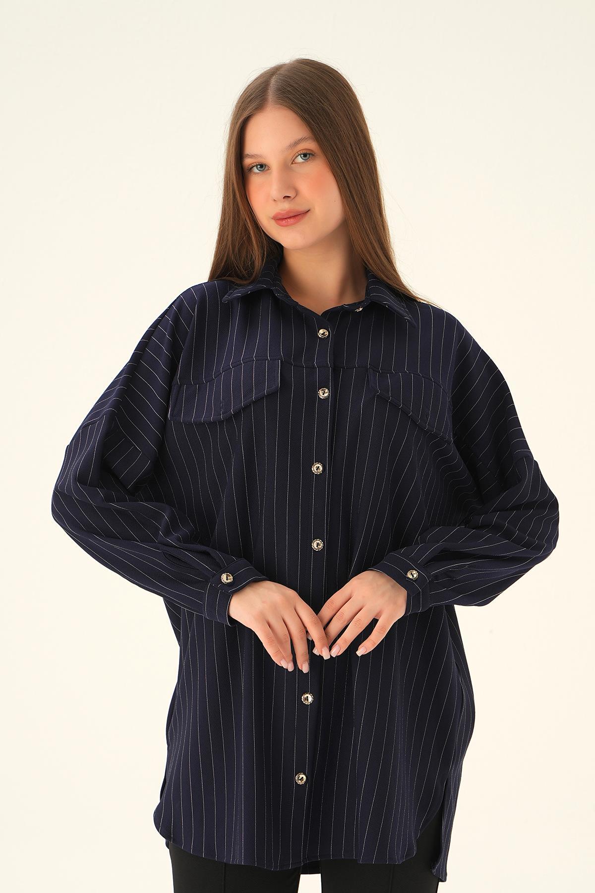 Laci Çift Cep Oversize Çizgili Gömlek 4036A - 2
