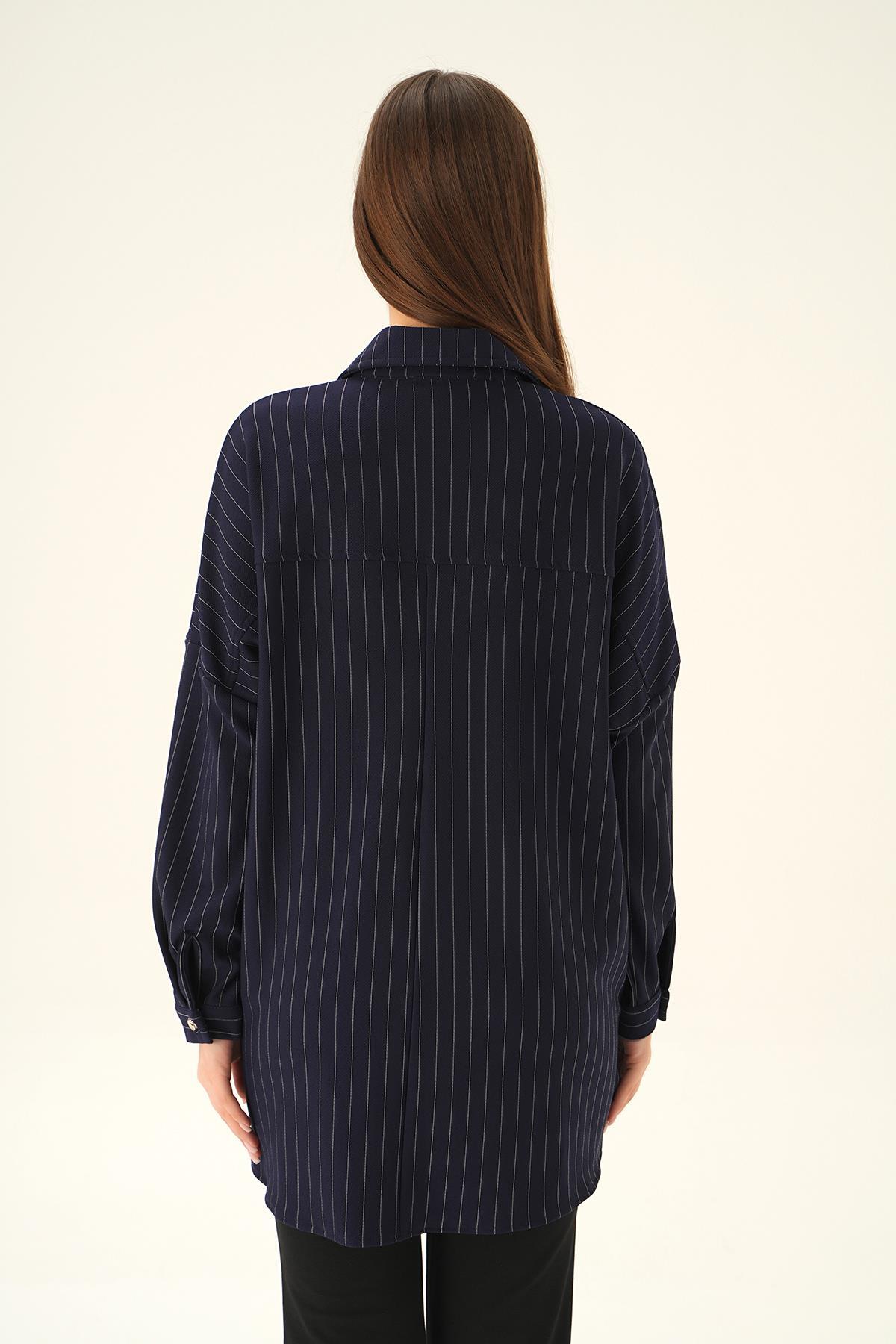 Laci Çift Cep Oversize Çizgili Gömlek 4036A - 4