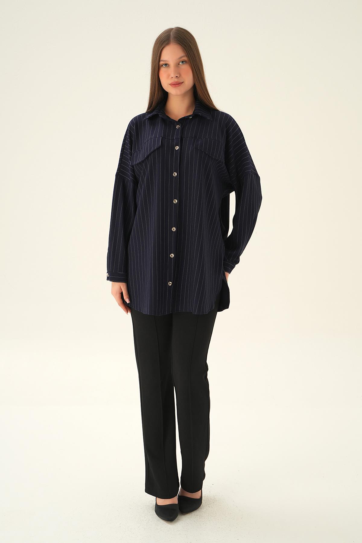 Laci Çift Cep Oversize Çizgili Gömlek 4036A - 6