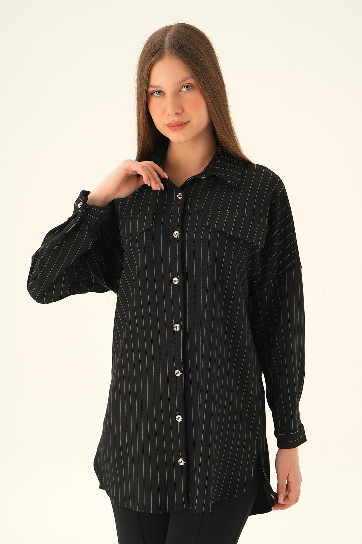 4036A Çift Cep Oversize Çizgili Gömlek Siyah - 1