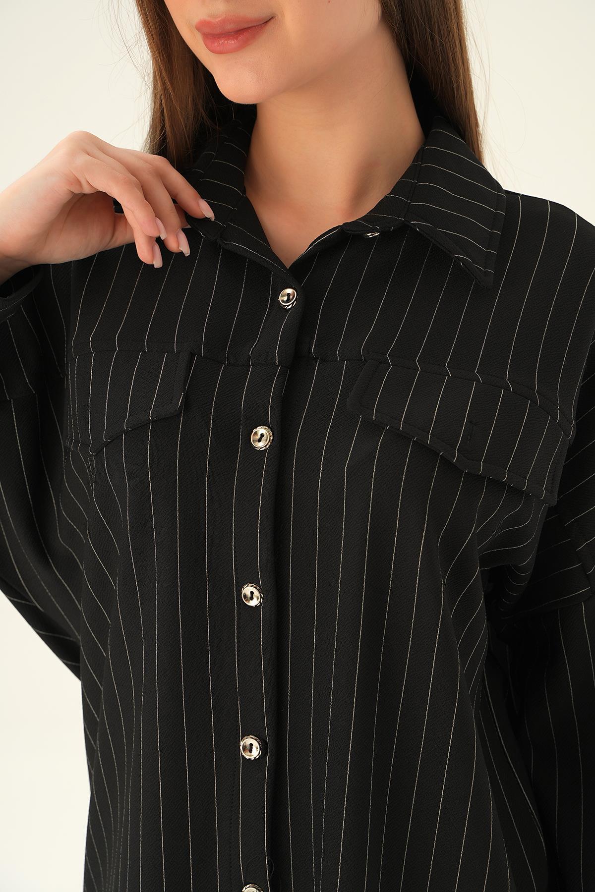 4036A Çift Cep Oversize Çizgili Gömlek Siyah - 5