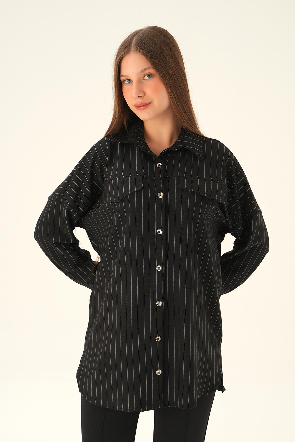 Siyah Çift Cep Oversize Çizgili Gömlek 4036A - 2