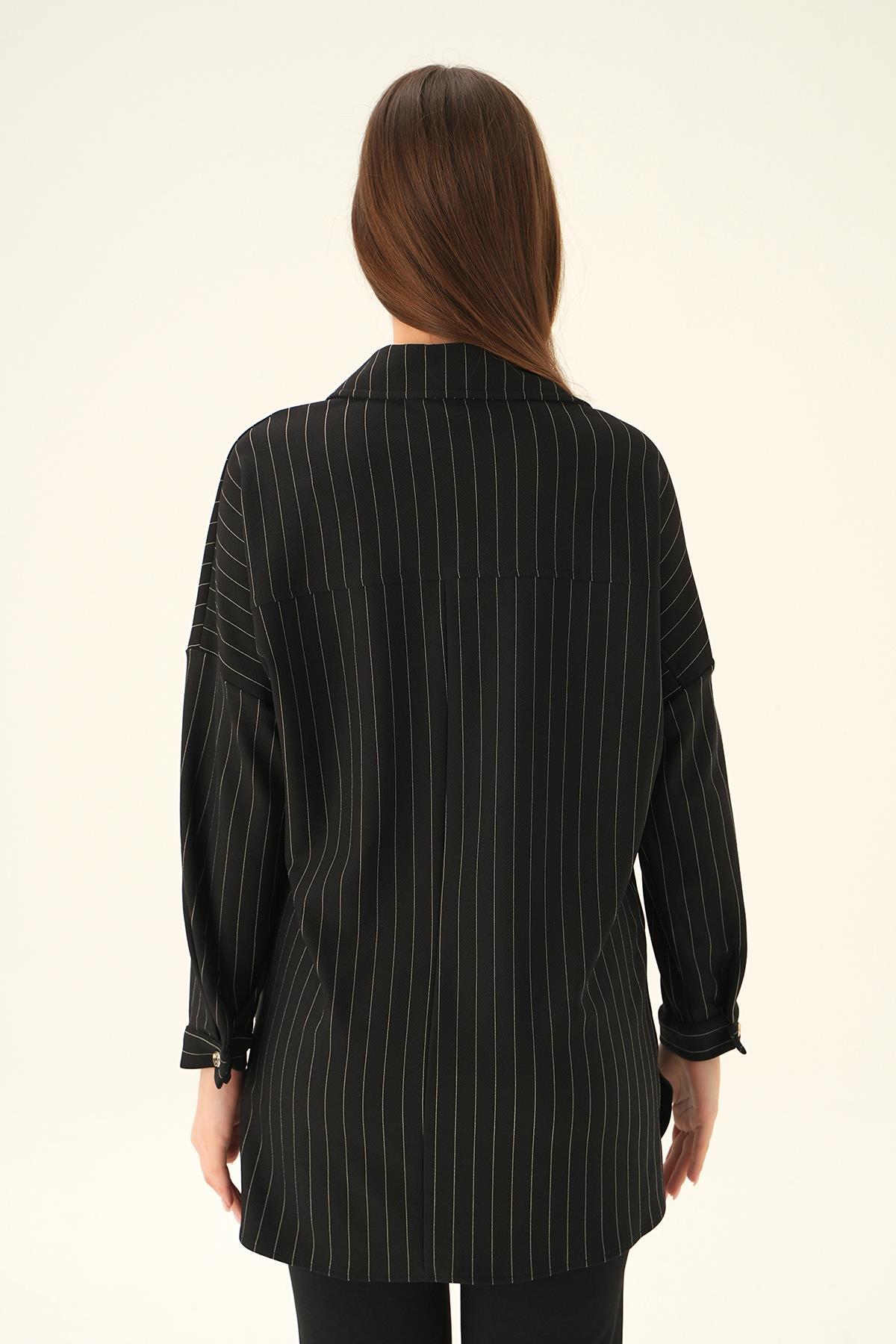 Siyah Çift Cep Oversize Çizgili Gömlek 4036A - 3