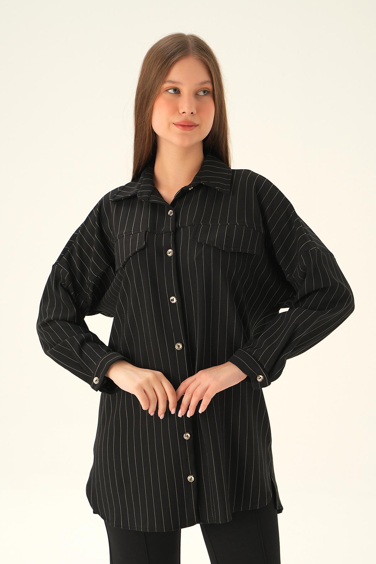 Siyah Çift Cep Oversize Çizgili Gömlek 4036A - 4