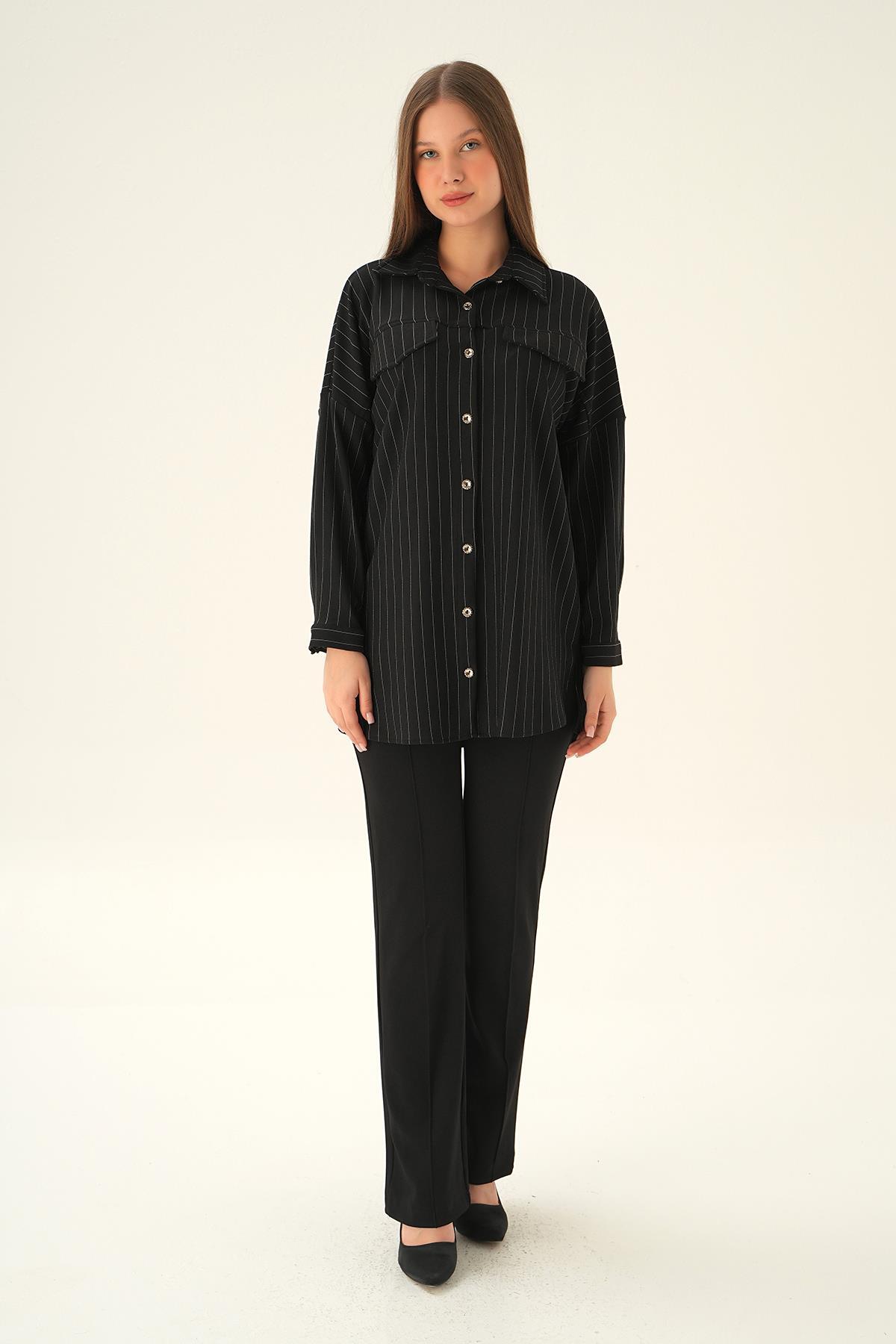 Siyah Çift Cep Oversize Çizgili Gömlek 4036A - 6