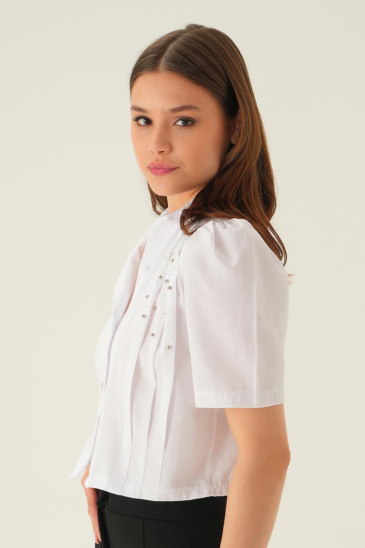 4039 Omuzu Taşlı Kısa Gömlek Beyaz - 3