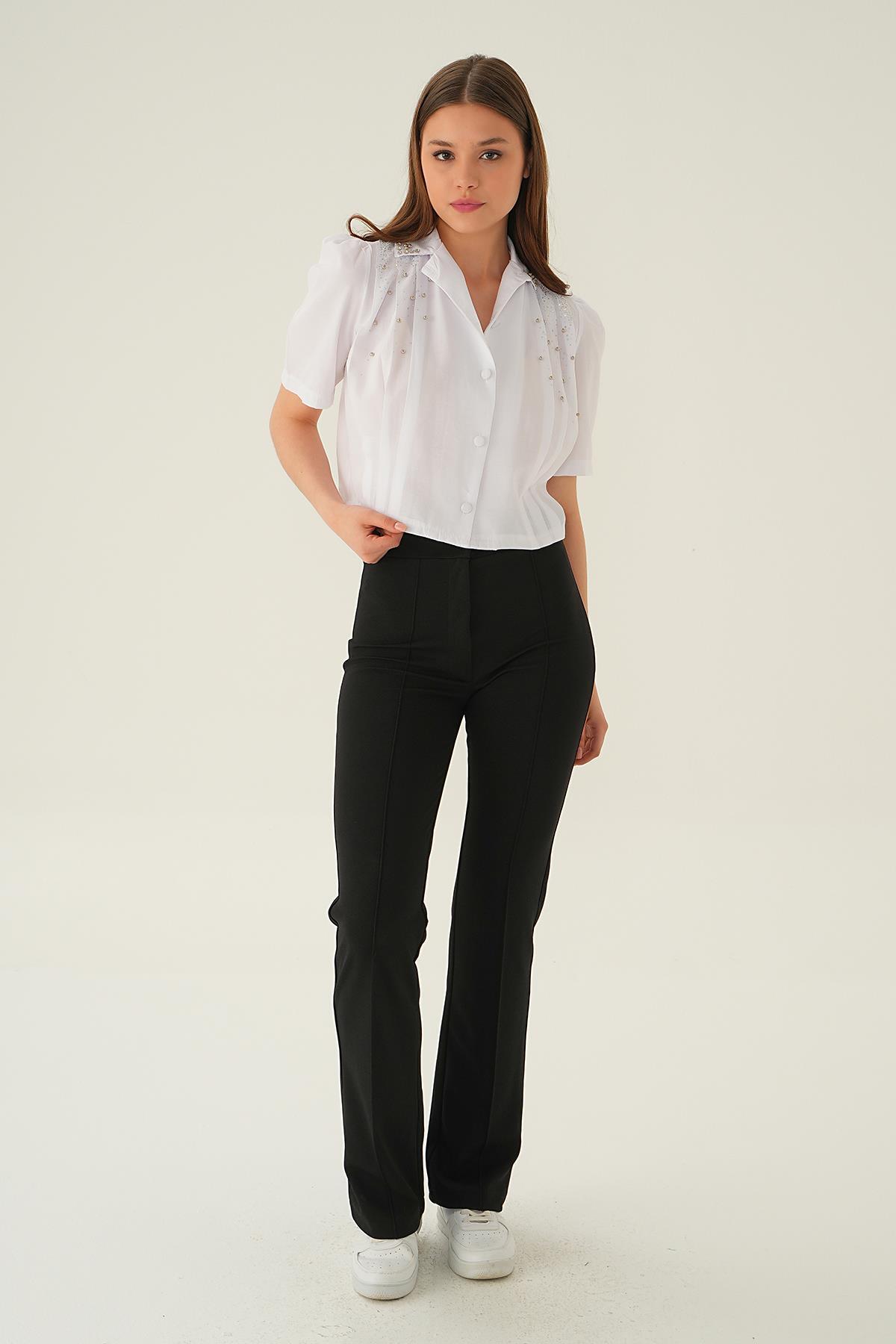 Beyaz Omuzu Taşlı Kısa Gömlek 4039 - 2