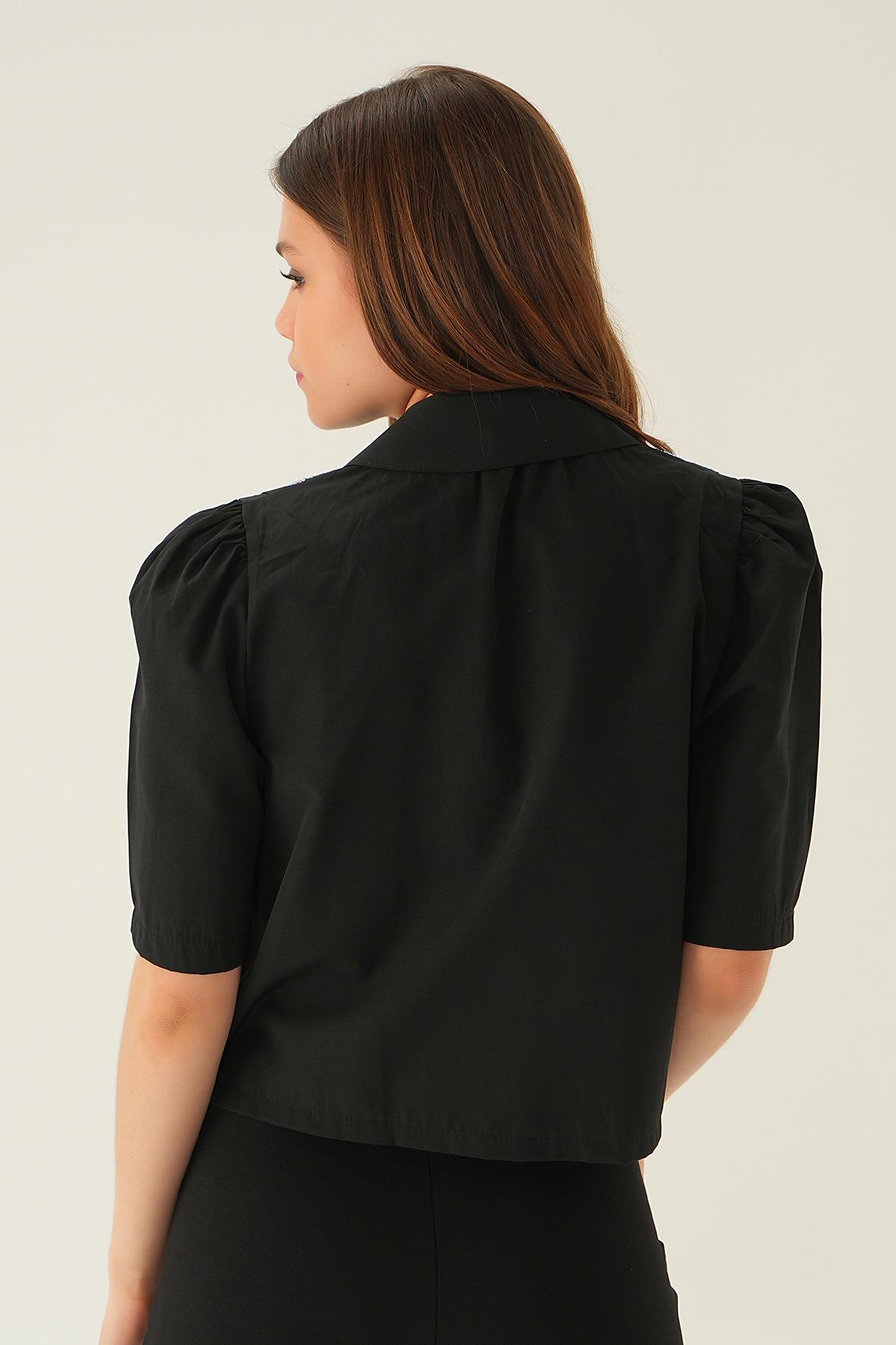 4039 Omuzu Taşlı Kısa Gömlek Siyah - 5