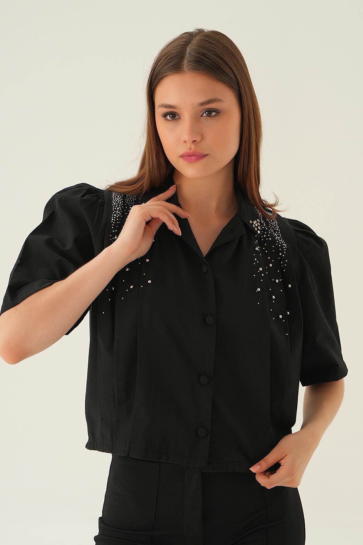 4039 Omuzu Taşlı Kısa Gömlek Siyah - 1