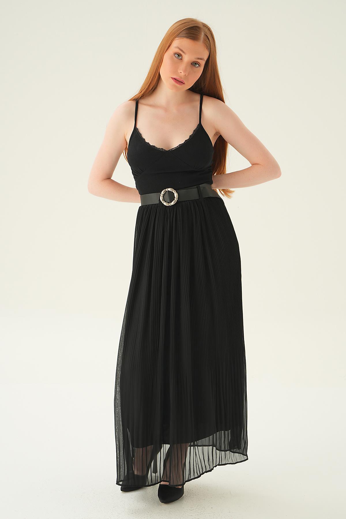 4041 Kemer Detay Pliseli Etek Siyah 