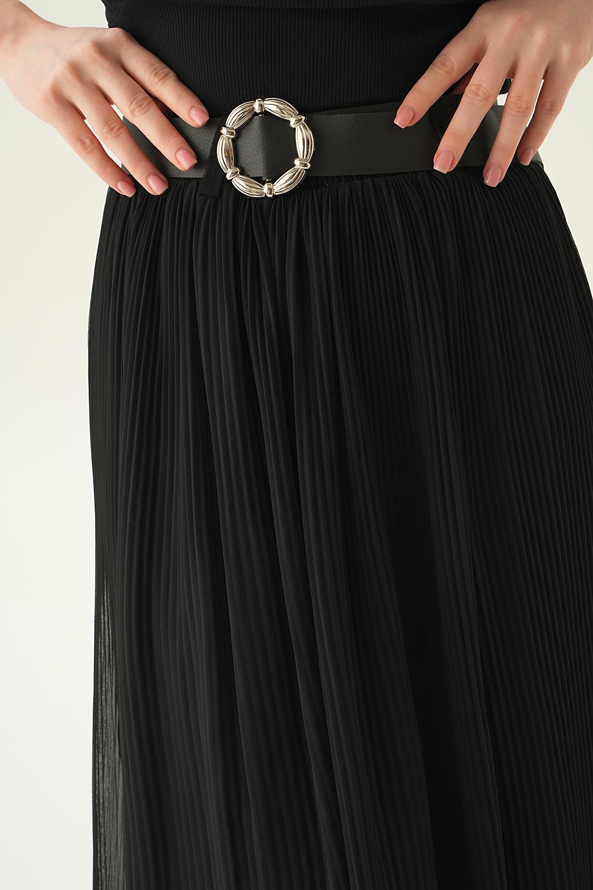 Siyah Kemer Detay Pliseli Etek 4041 - 4
