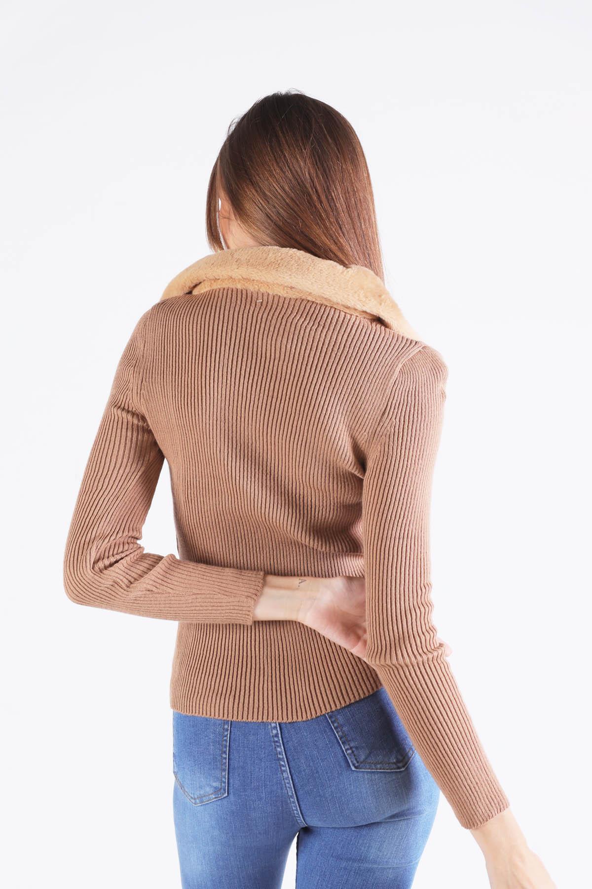 4047 Yaka Kürklü Fermuarlı Kazak Bisküvi - 5