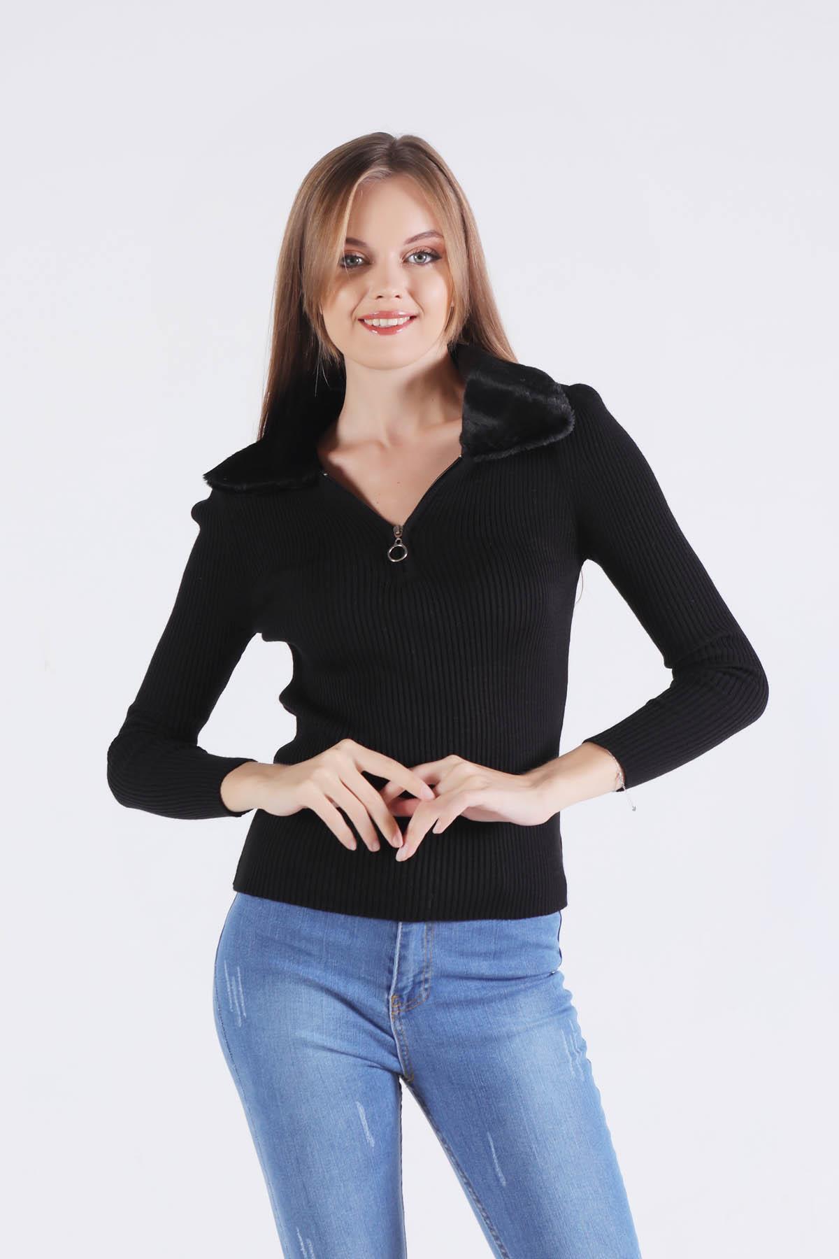 4047 Yaka Kürklü Fermuarlı Kazak Siyah 