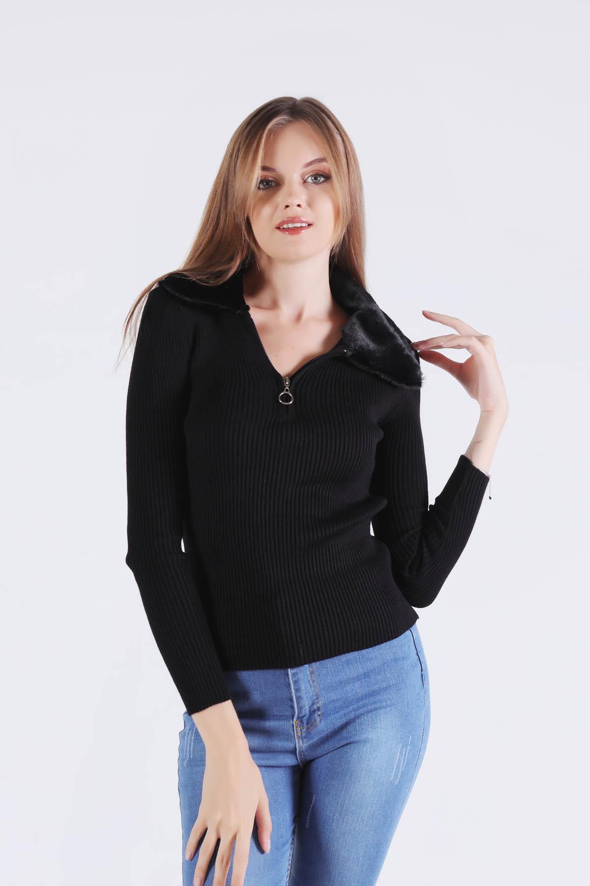 4047 Yaka Kürklü Fermuarlı Kazak Siyah - 2