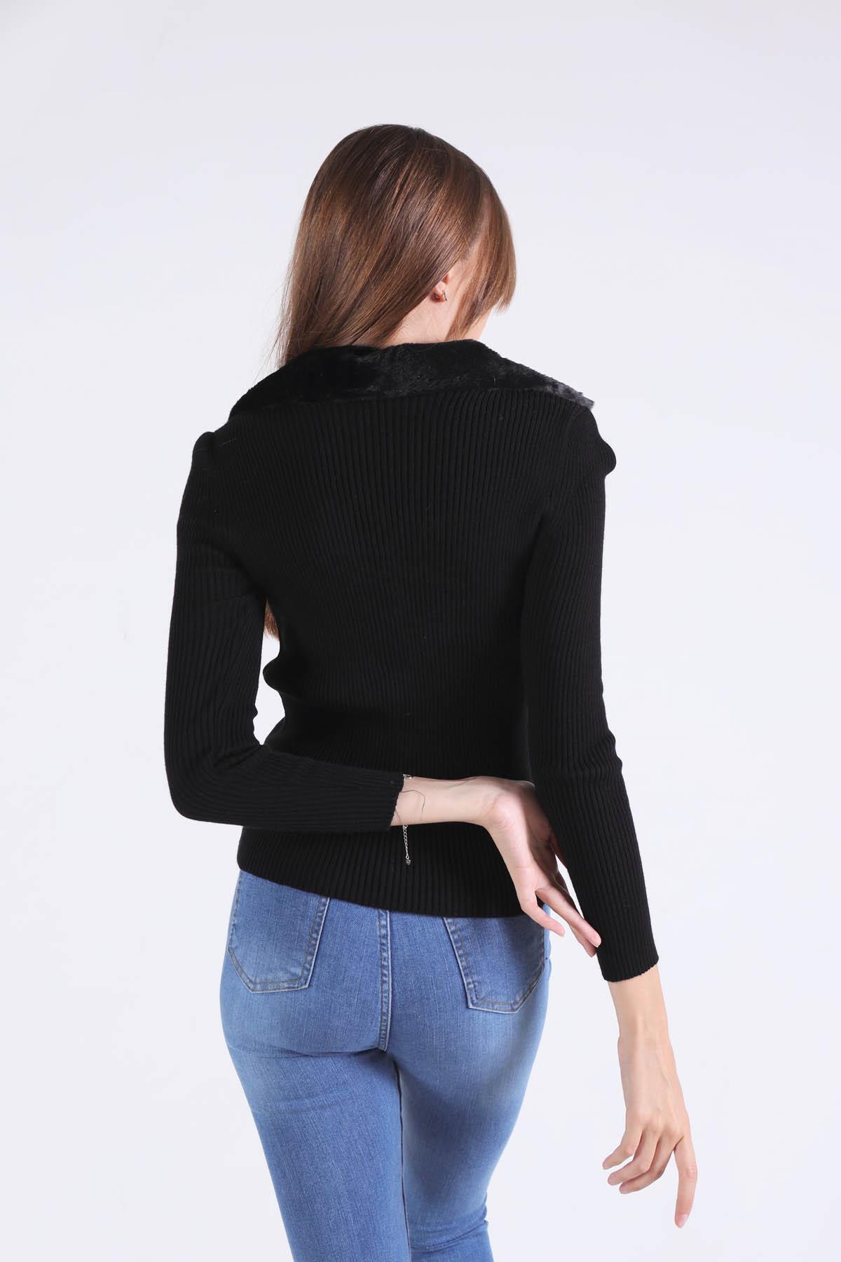 Siyah Yaka Kürklü Fermuarlı Kazak 4047 - 5