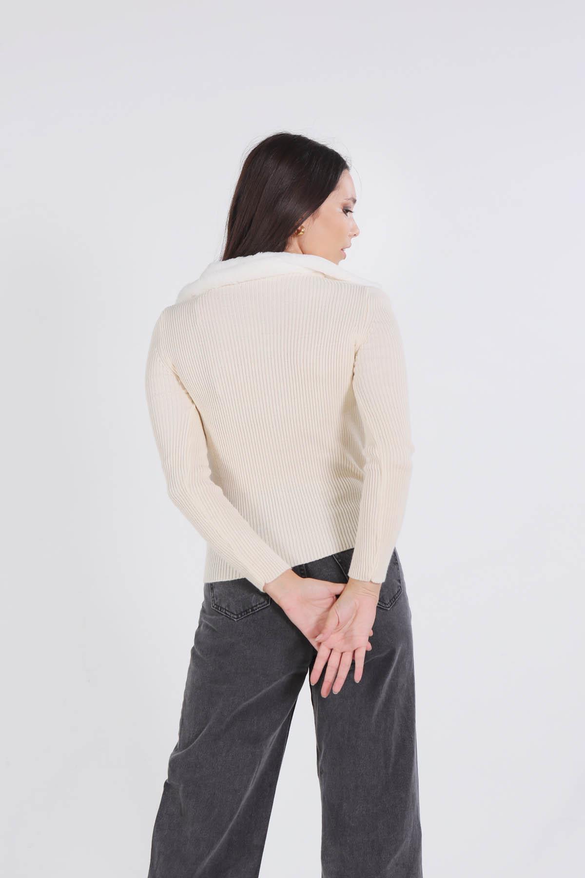 Taş Yaka Kürklü Fermuarlı Kazak 4047 - 4