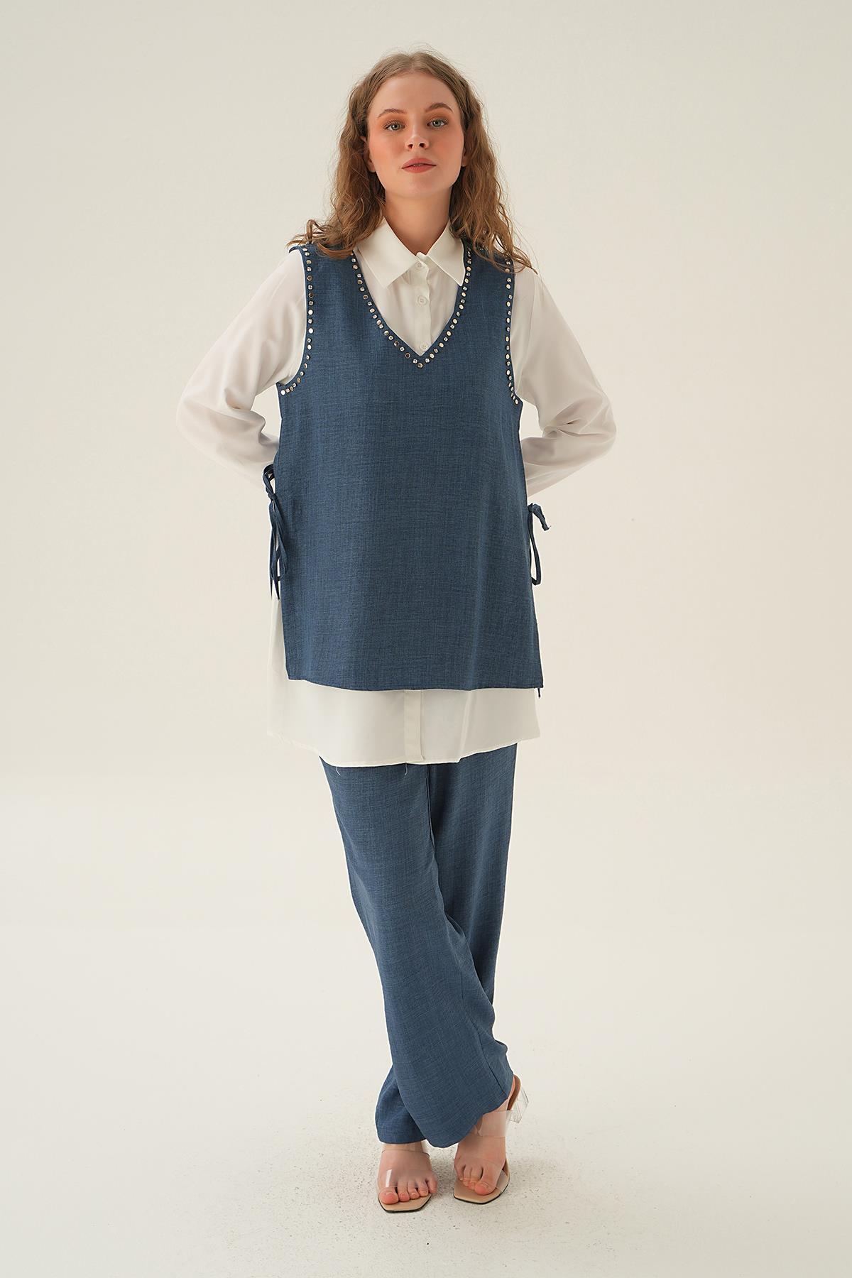 4053A Taş Detay 3'lü Takım İndigo - 3