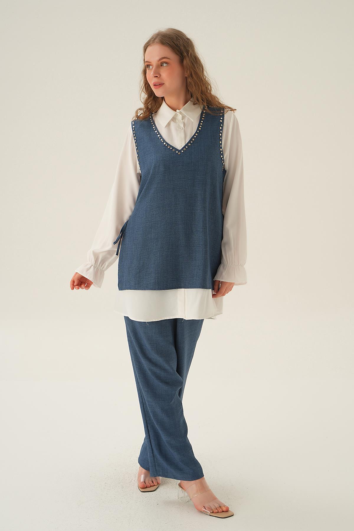 4053A Taş Detay 3'lü Takım İndigo - 2