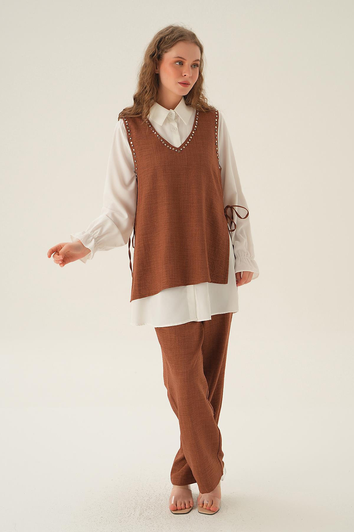 Kahve Taş Detay 3'lü Takım 4053A - 3