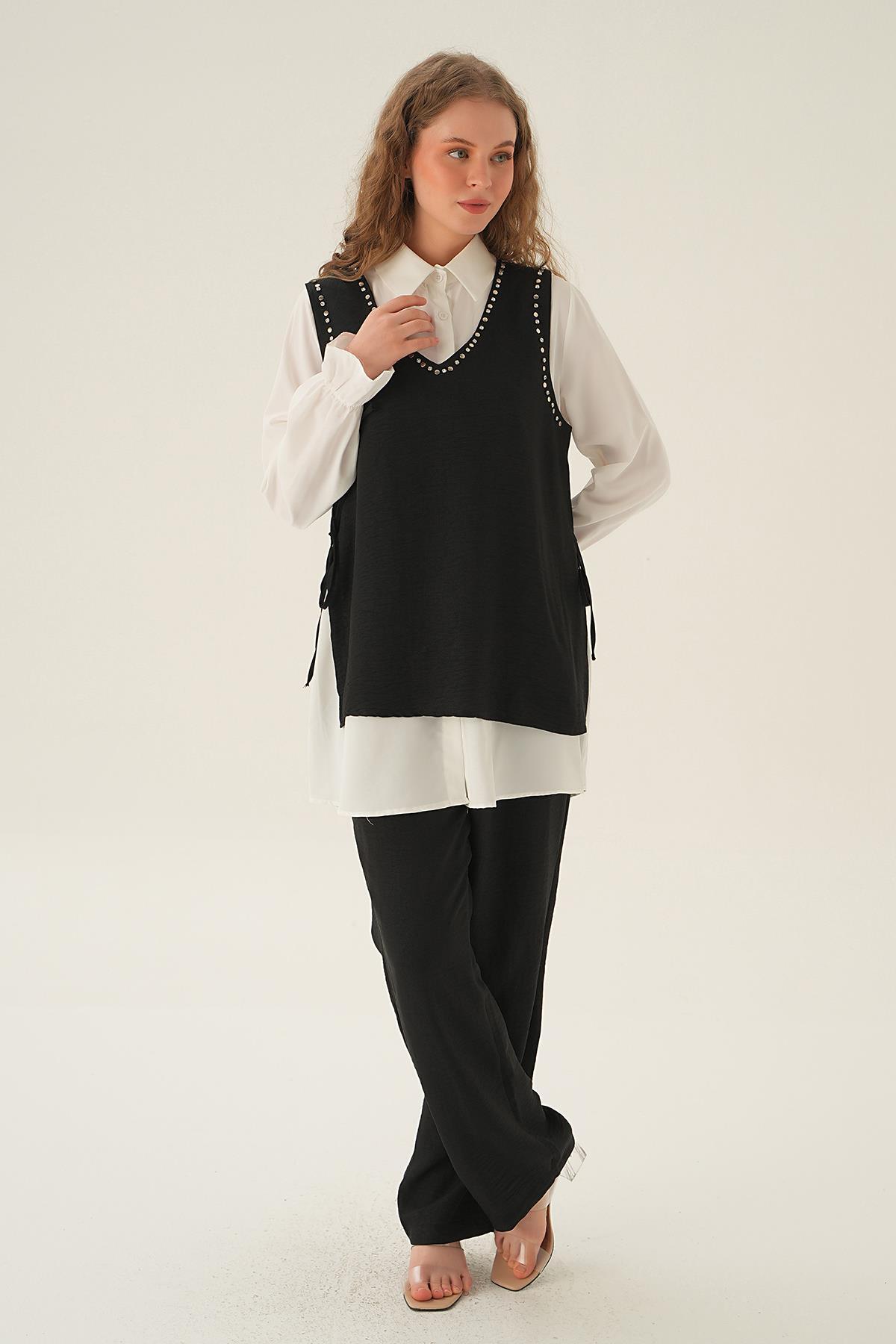 4053A Taş Detay 3'lü Takım Siyah - 4