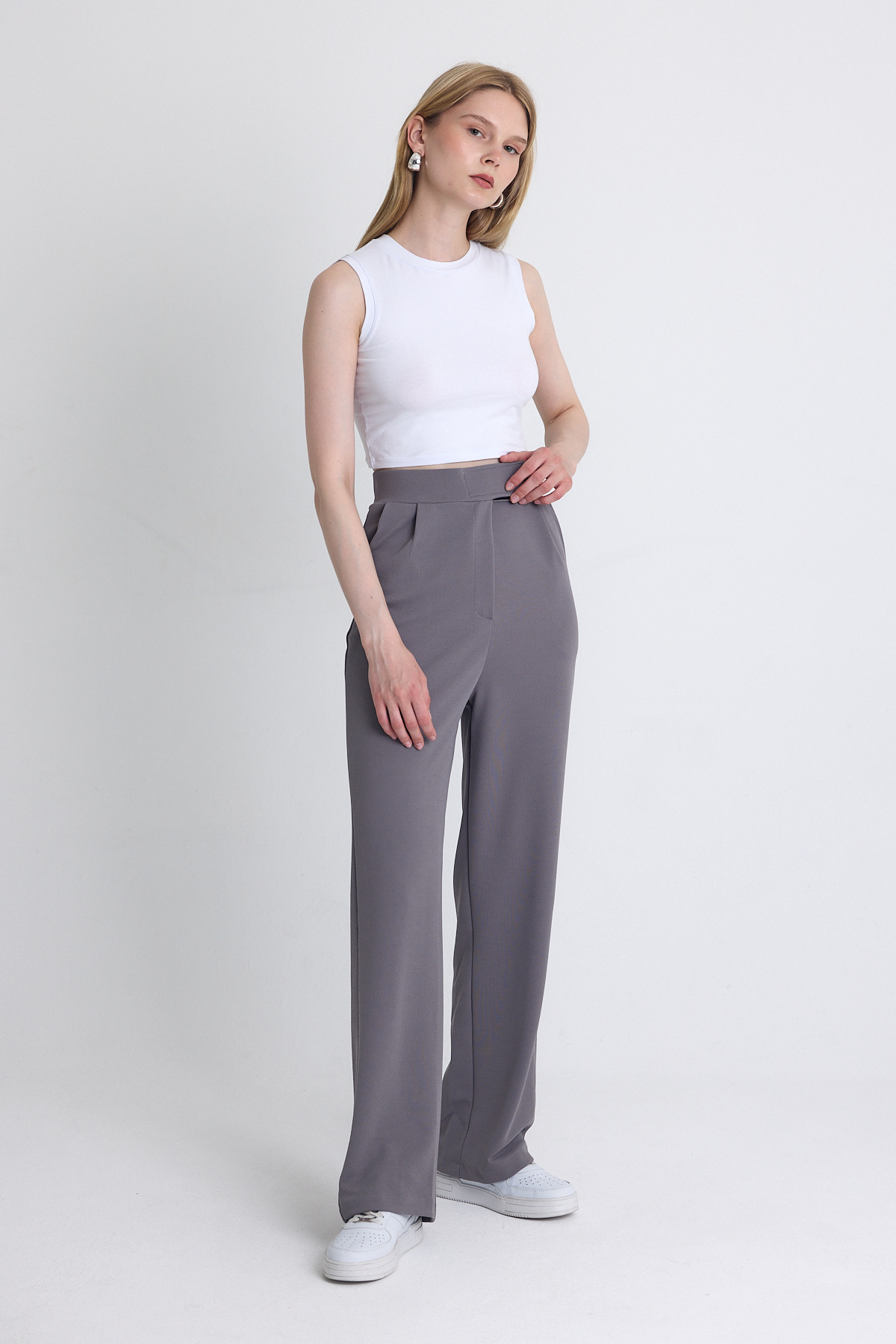 Gri Likralı Cırt Kapama Detaylı Palazzo Pantolon 4055A - RAYS