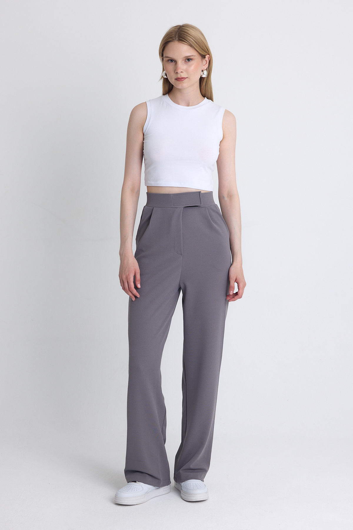 Gri Likralı Cırt Kapama Detaylı Palazzo Pantolon 4055A 