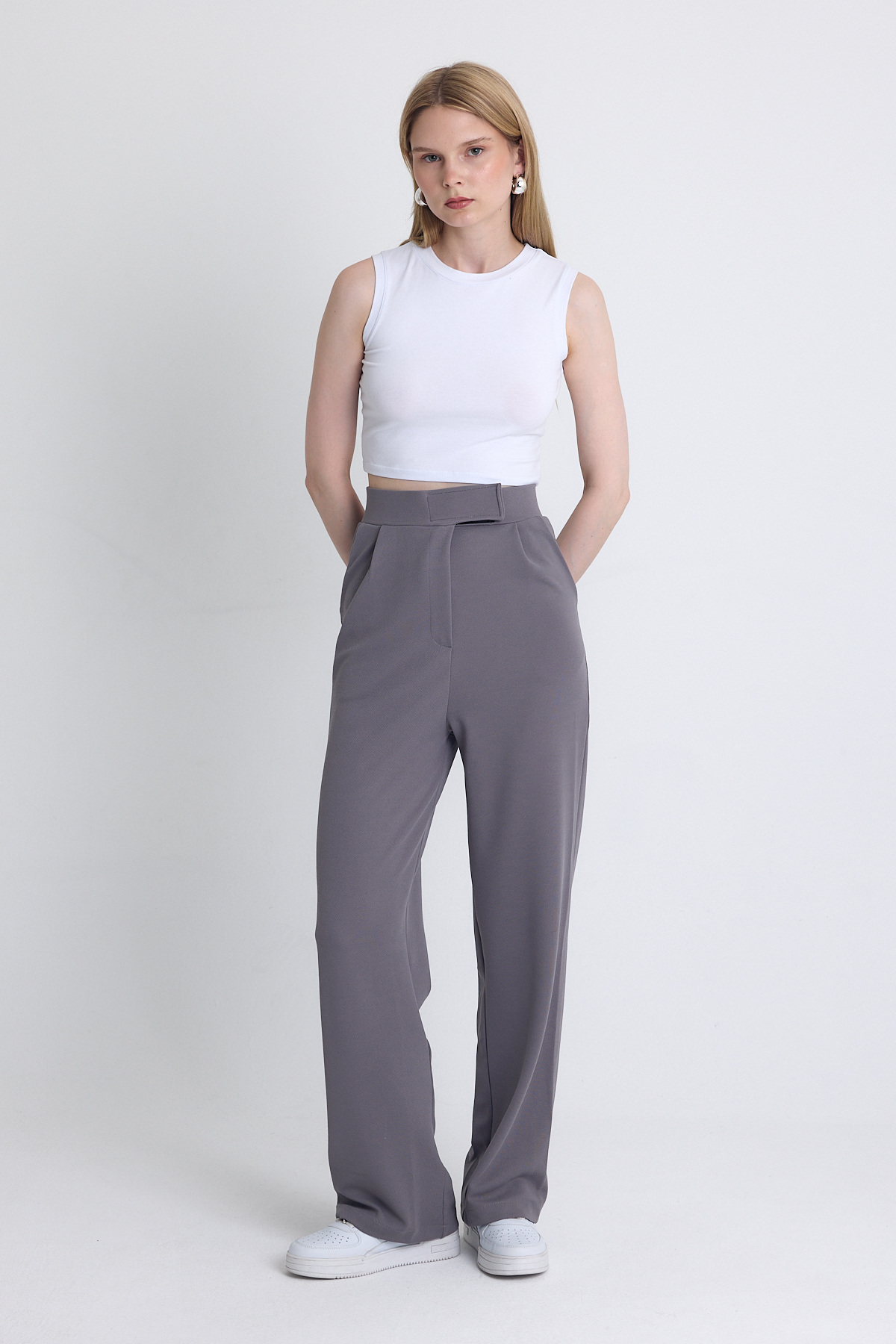 Gri Likralı Cırt Kapama Detaylı Palazzo Pantolon 4055A - 3