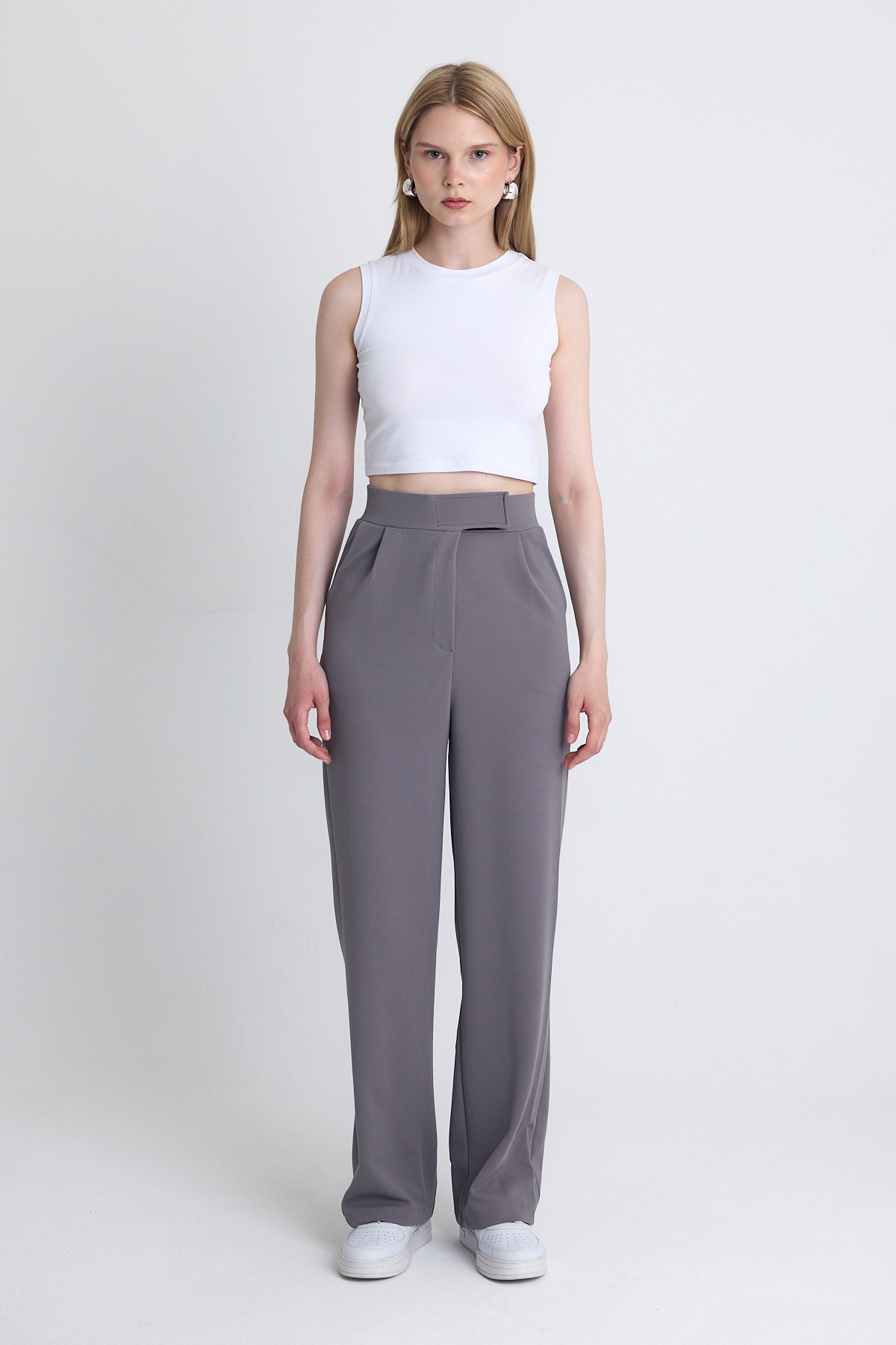 Gri Likralı Cırt Kapama Detaylı Palazzo Pantolon 4055A - 6