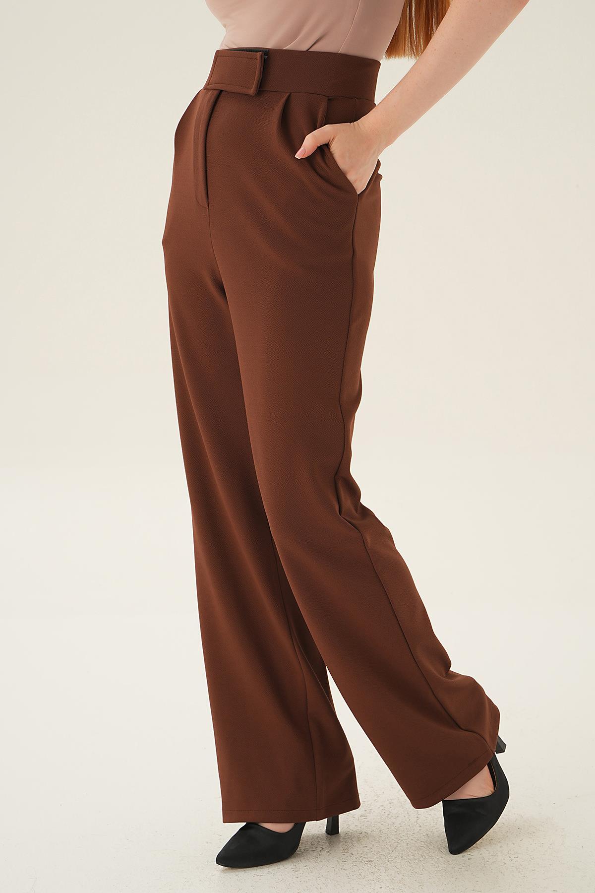 4055A Cırtlı Palazzo Pantolon Kahve - 1