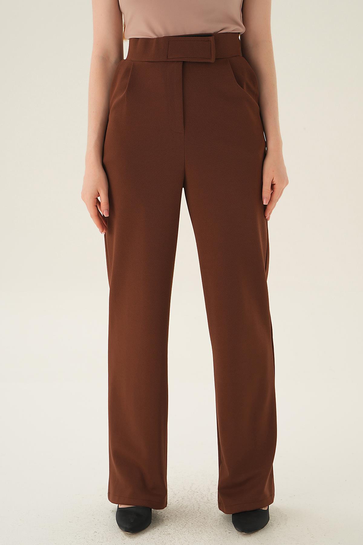 4055A Cırtlı Palazzo Pantolon Kahve - 4
