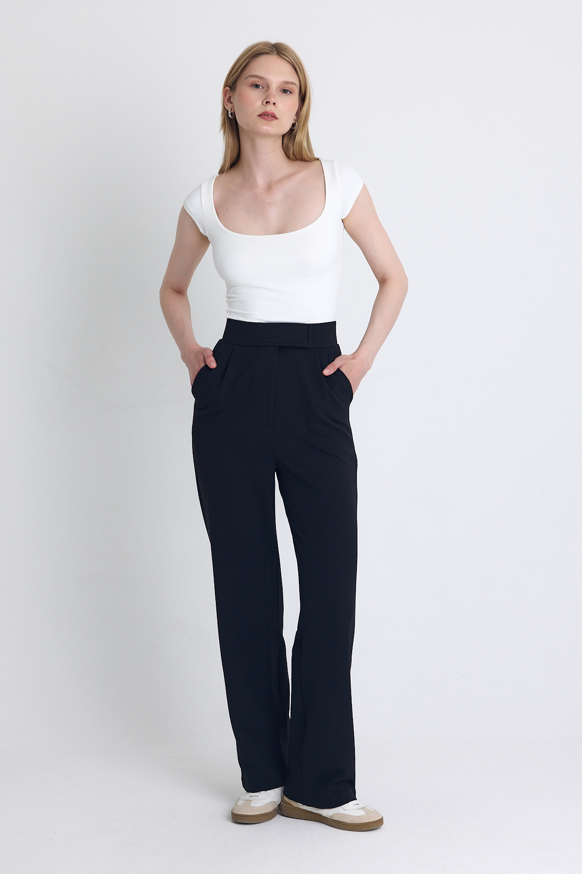 Siyah Likralı Cırt Kapama Detaylı Palazzo Pantolon 4055A - 6