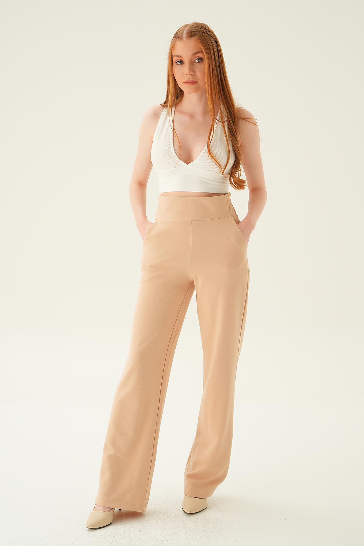 4056A Yüksek Bel Cepli Palazzo Pantolon Bej 