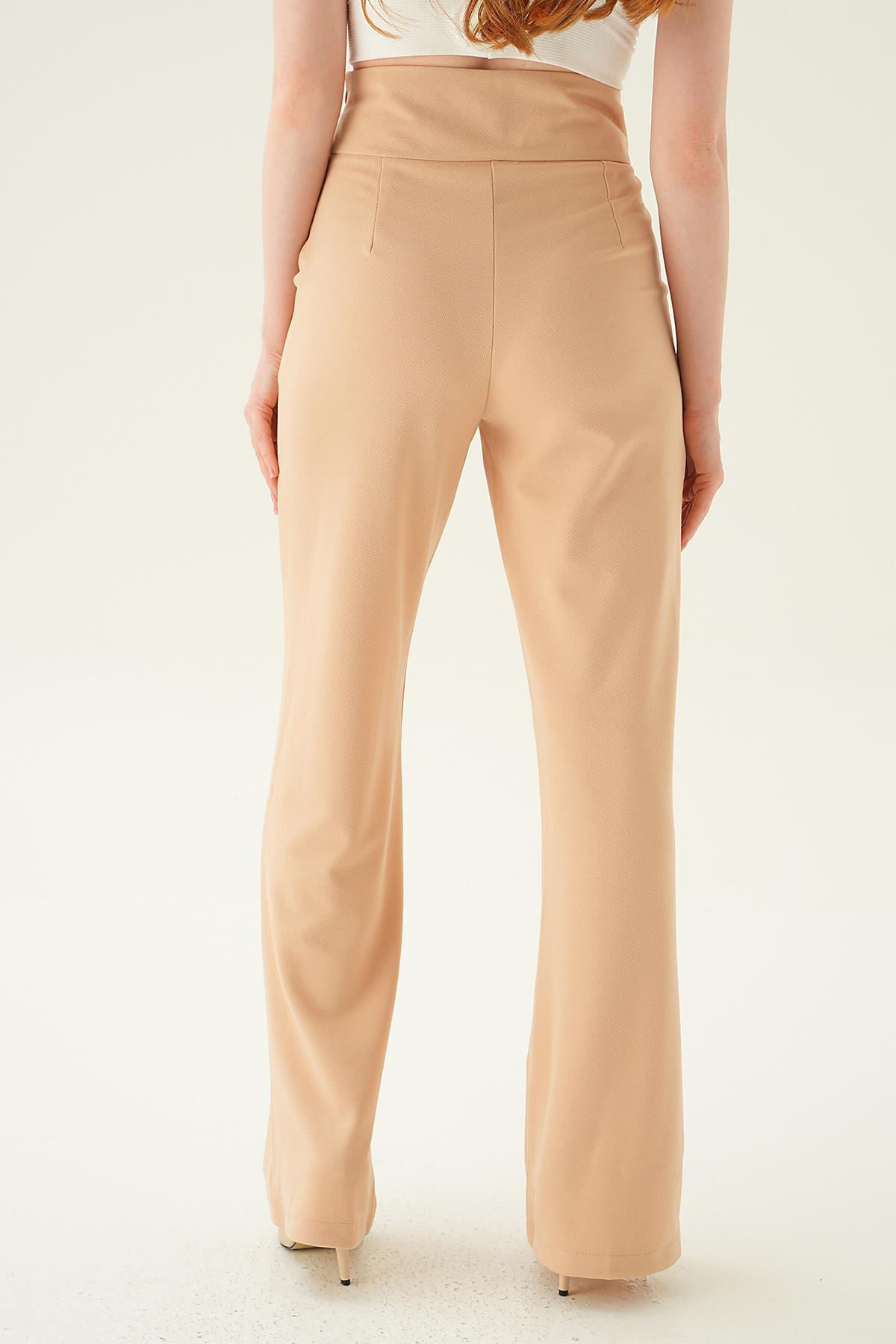 Bej Yüksek Bel Cepli Palazzo Pantolon 4056A - 5